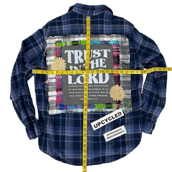 Christian Religious Flannel Shirt Womens 1X Shacket Upcycled Art Cottage Blue - Picture 2 of 16